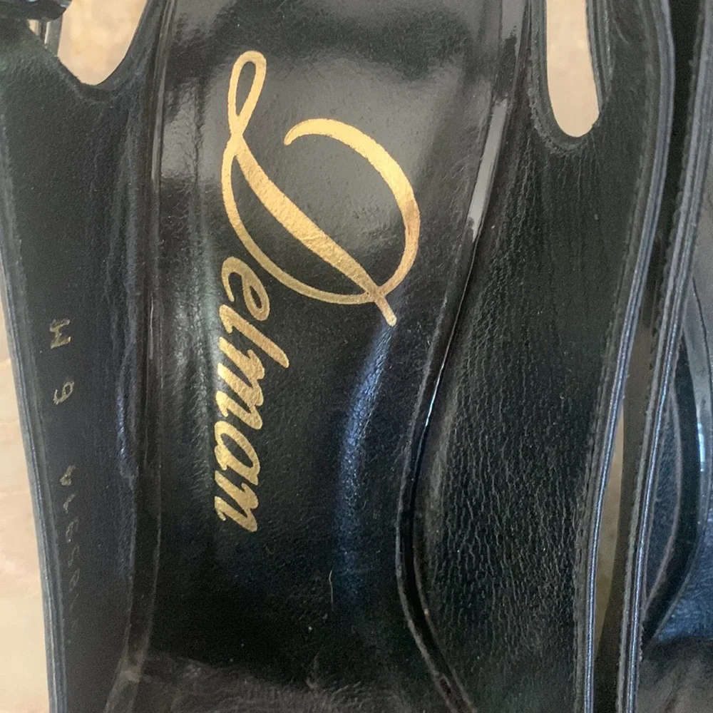 Delman Black Patent Leather Peep Toe Slingback Heels Size 6
